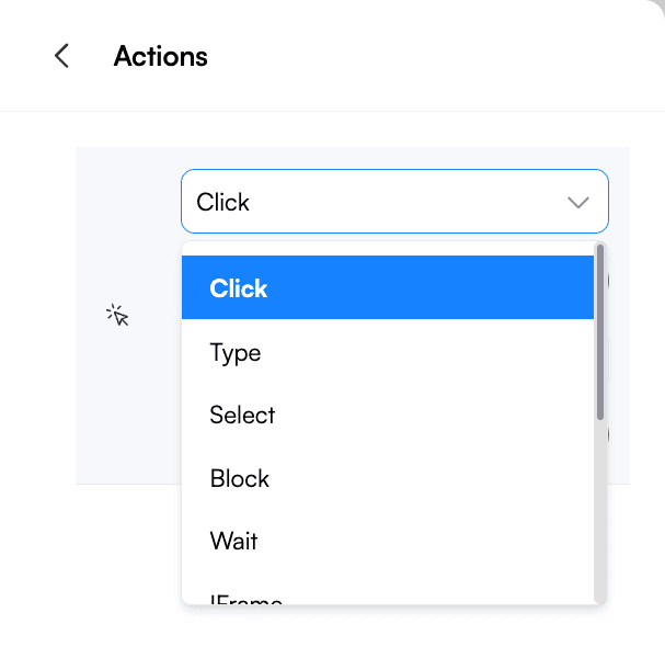 The action type dropdown open, showing Click, Type, Select, Block, Wait and IFrame options