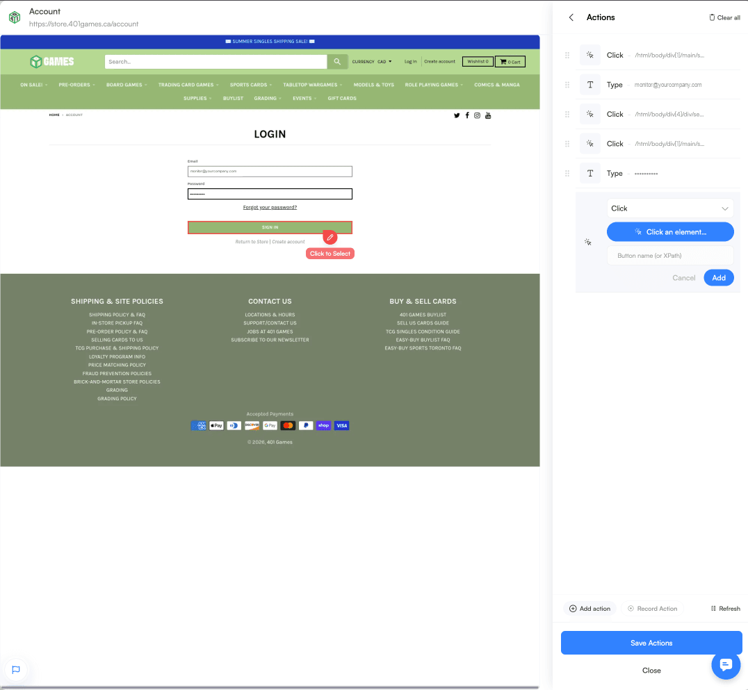 The element picker active, with the store's Sign In button outlined and a Click to Select tooltip