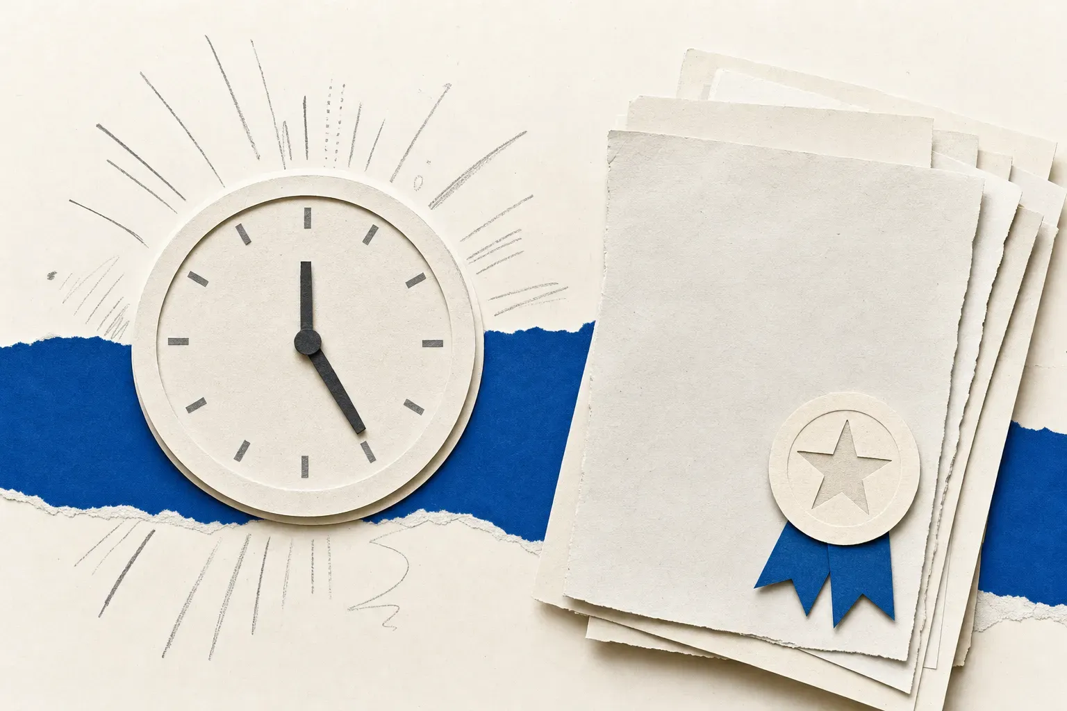 Cut-paper clock at five beside defense contract documents announcing DoD contracts awarded