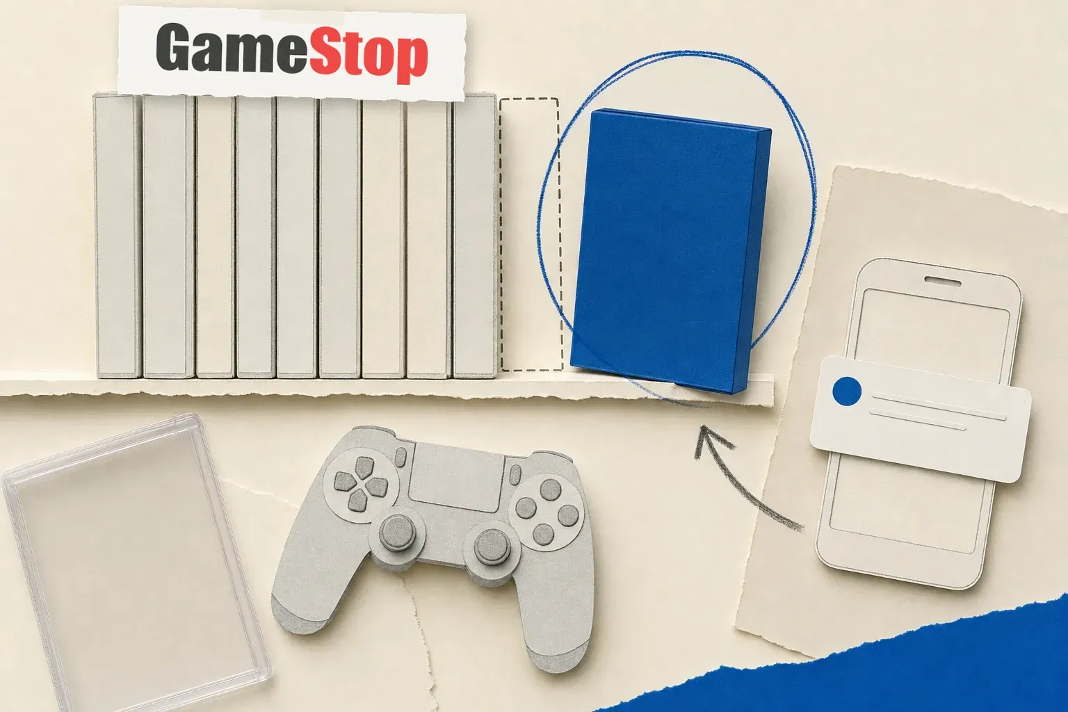 Illustration of a GameStop game shelf, blue box, controller, trading-card case and phone notification