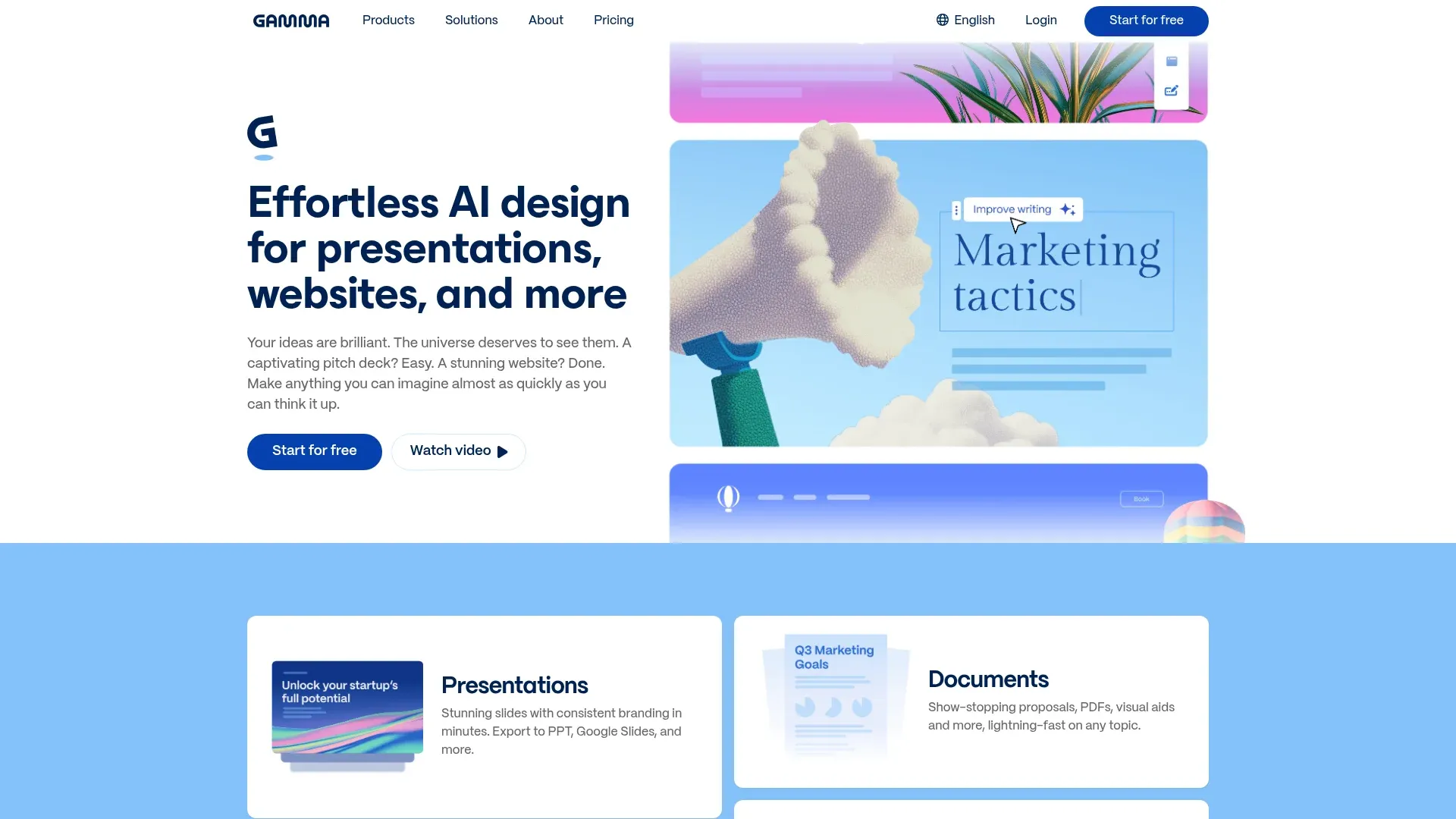 Gamma homepage showing AI-generated presentation and slide deck builder