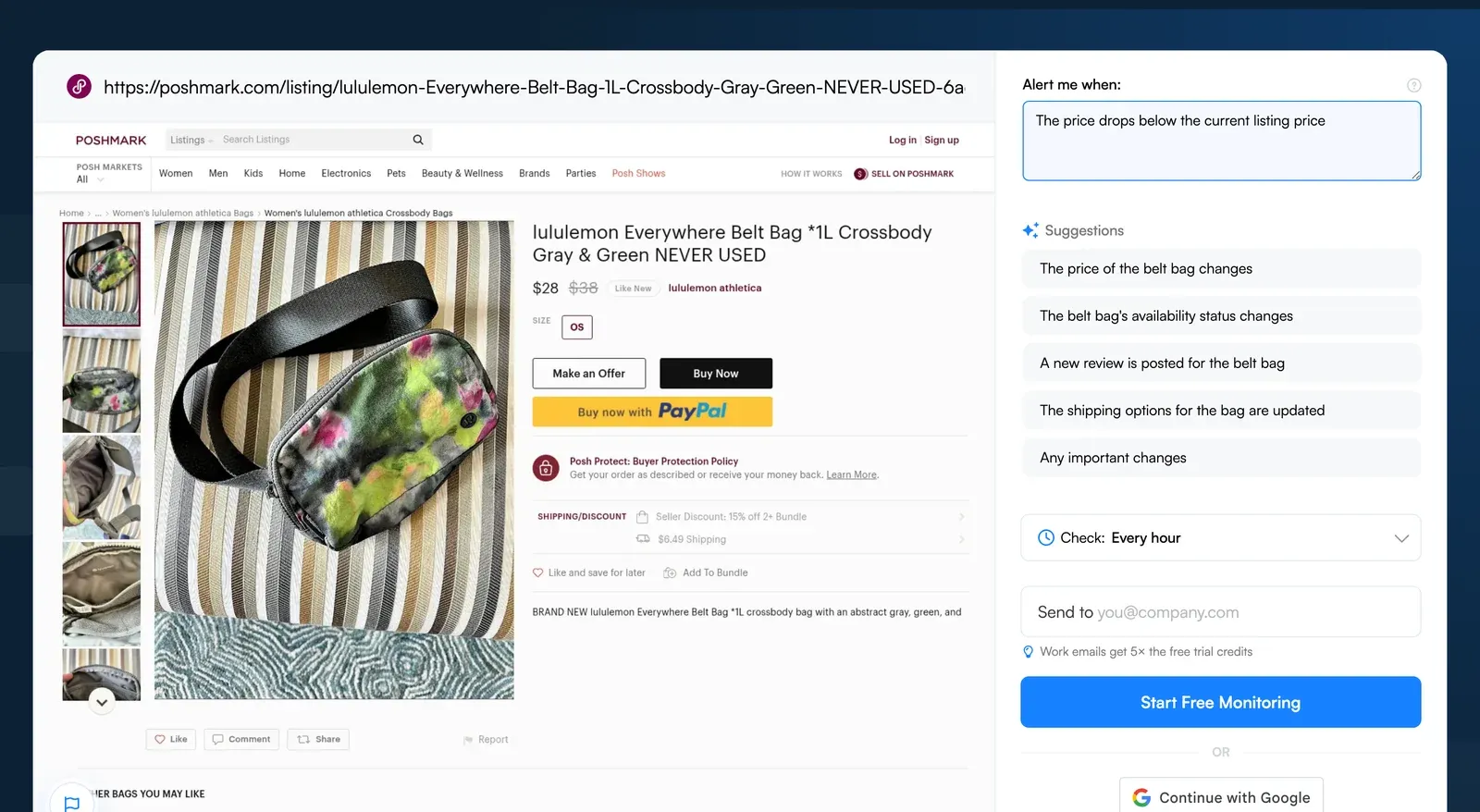 Visualping monitor setup on a Poshmark Lululemon belt bag listing with an Alert me when condition for a price drop