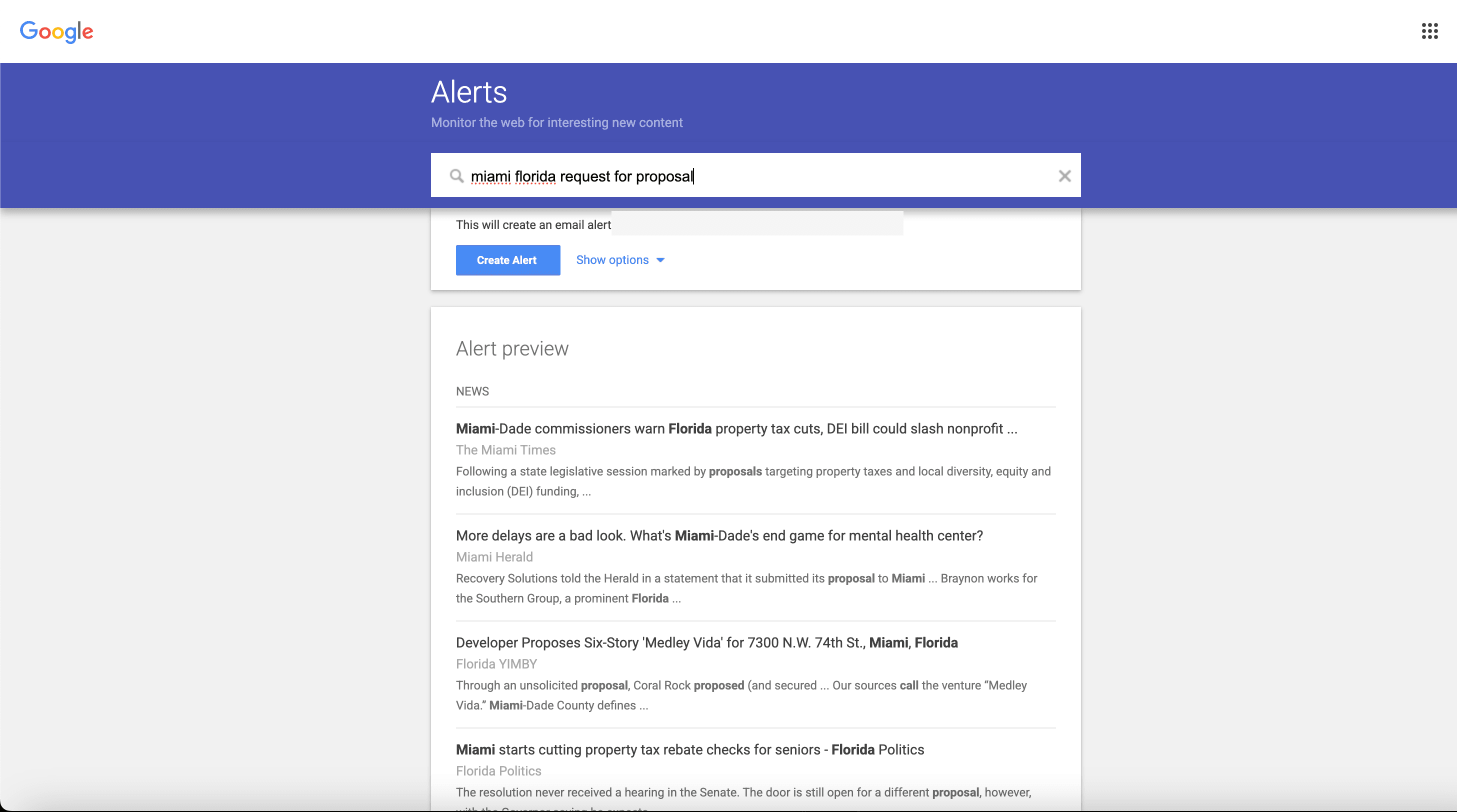 Google Alerts setup page showing search field with miami florida request for proposal and alert preview results