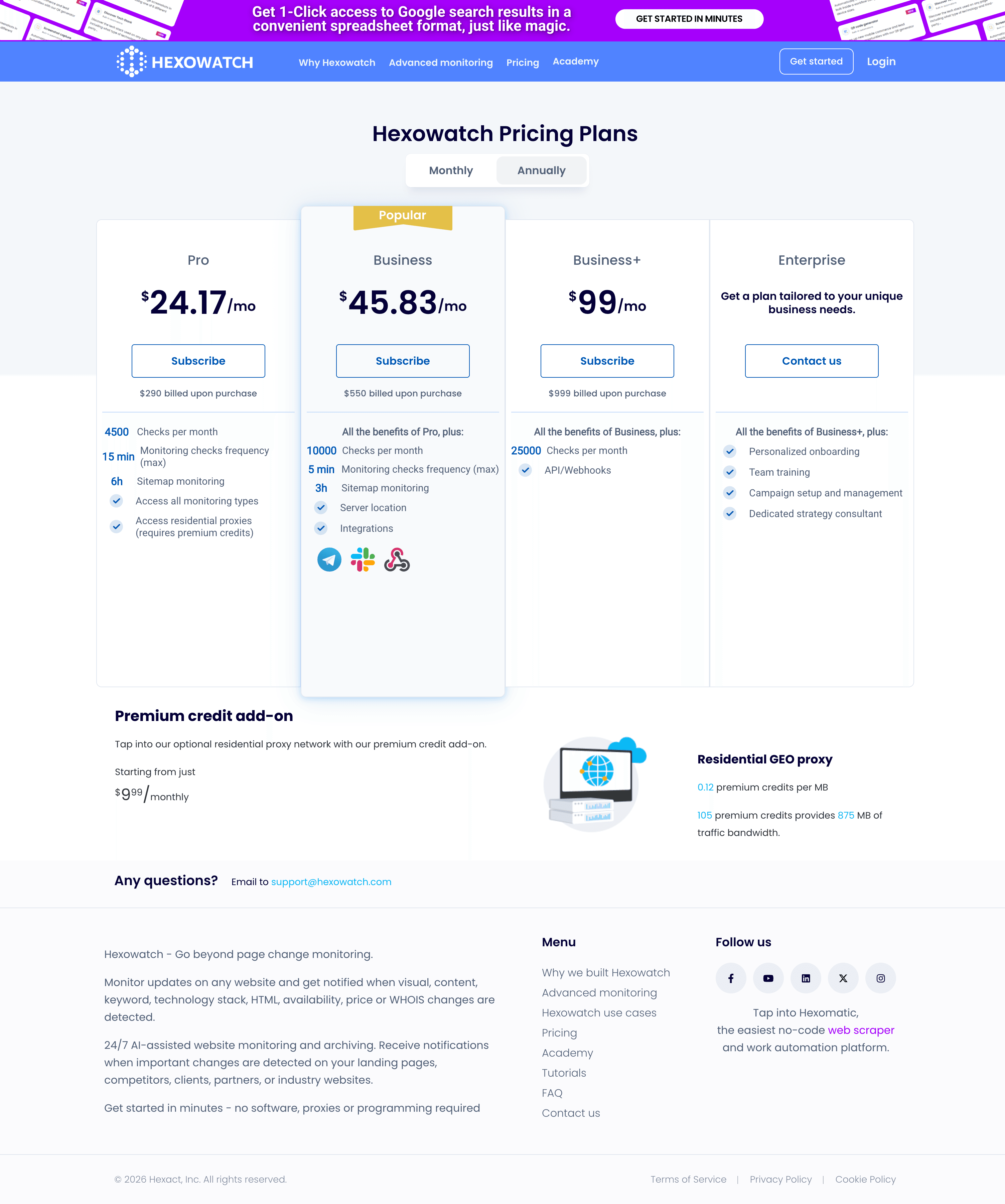 Hexowatch pricing page showing Pro, Business, and Business+ tiers