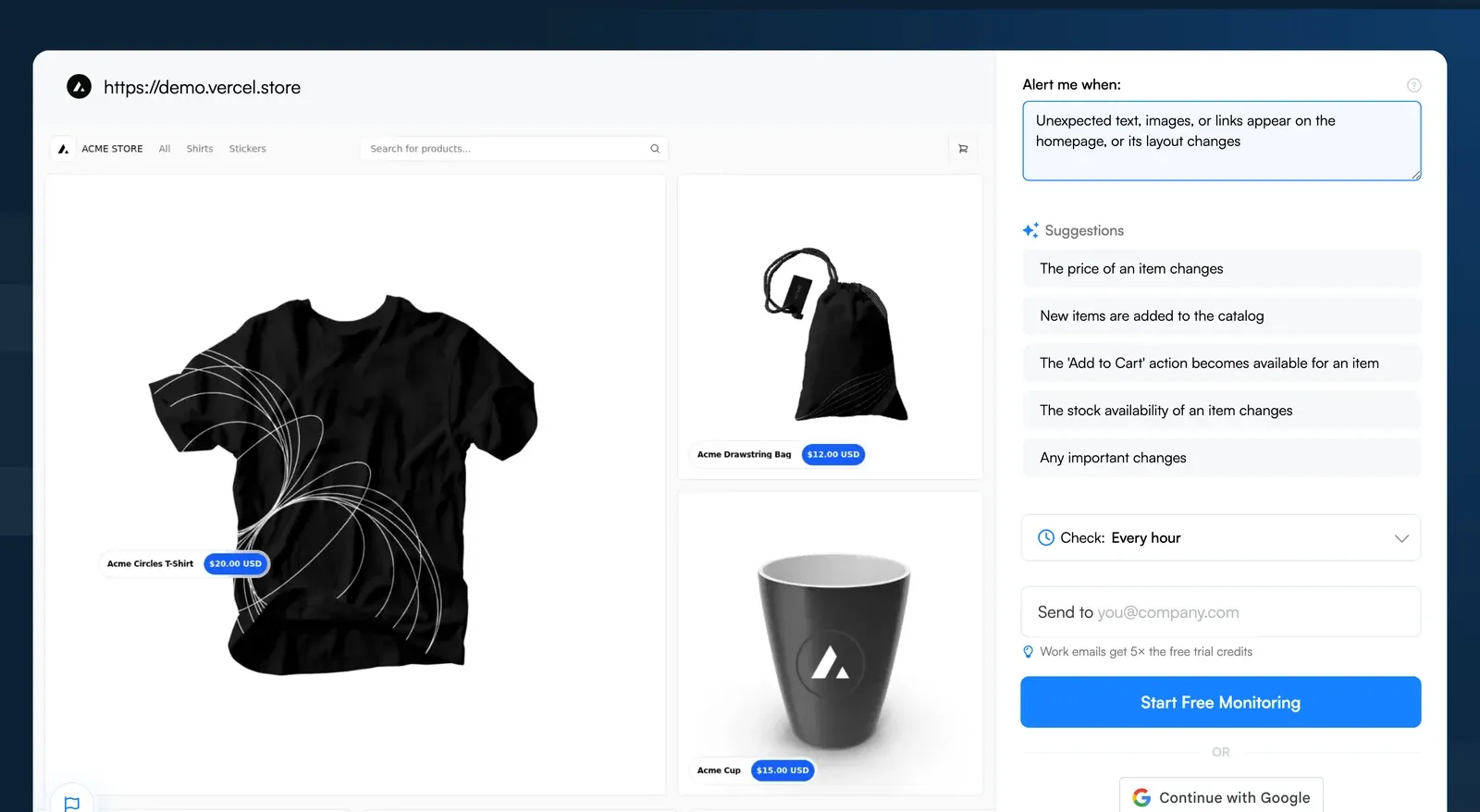 Visualping job creator with a demo store homepage loaded and an alert condition for unexpected text, images, links or layout changes