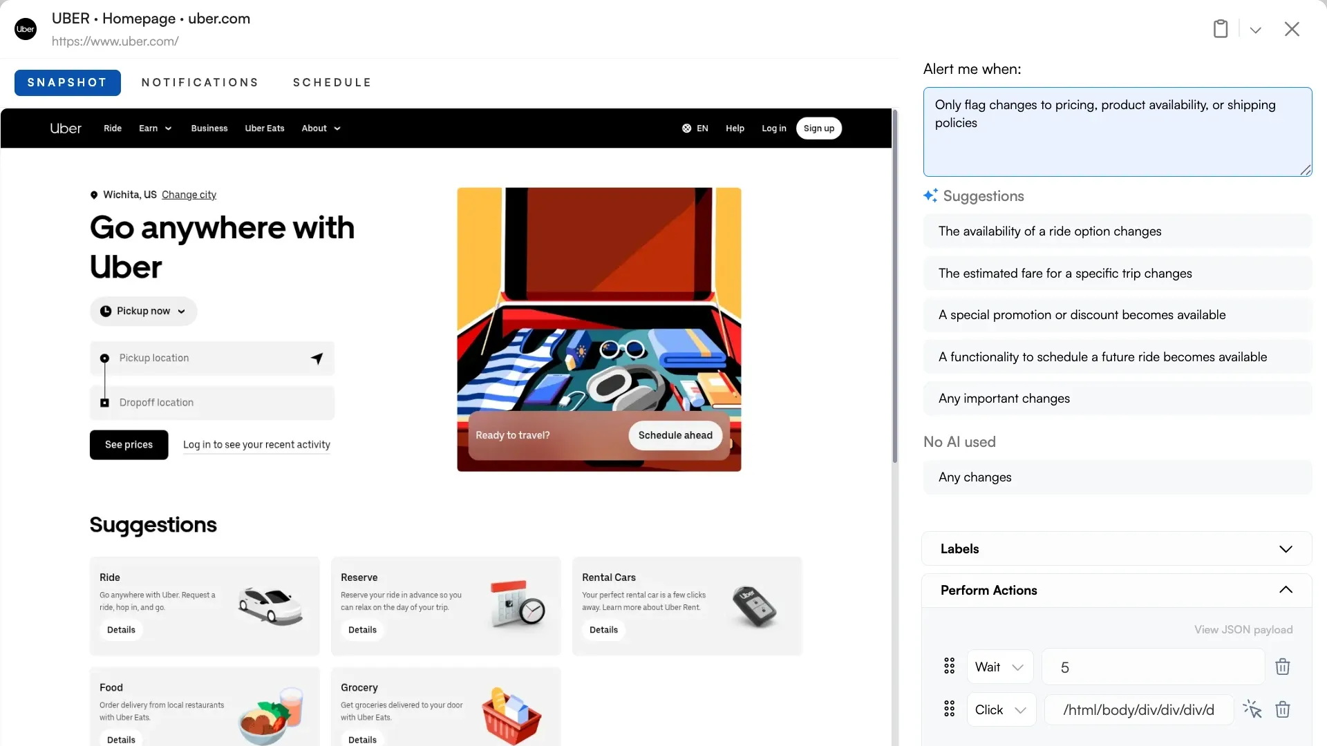 Visualping job settings showing the natural-language Important Alerts prompt field