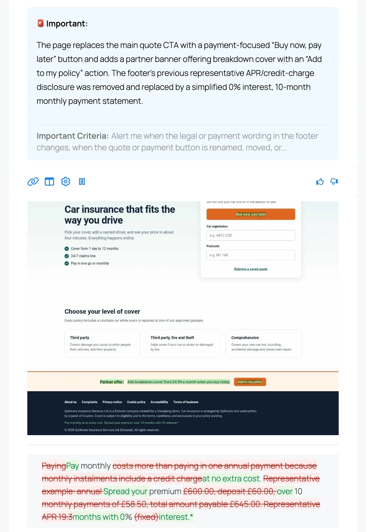 Visualping IMPORTANT alert email summarizing a relabeled button, partner banner, and removed APR disclosure