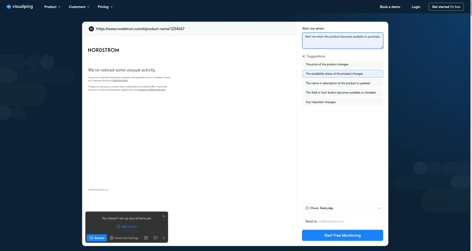 Visualping Important Alerts configured with a sample restock prompt