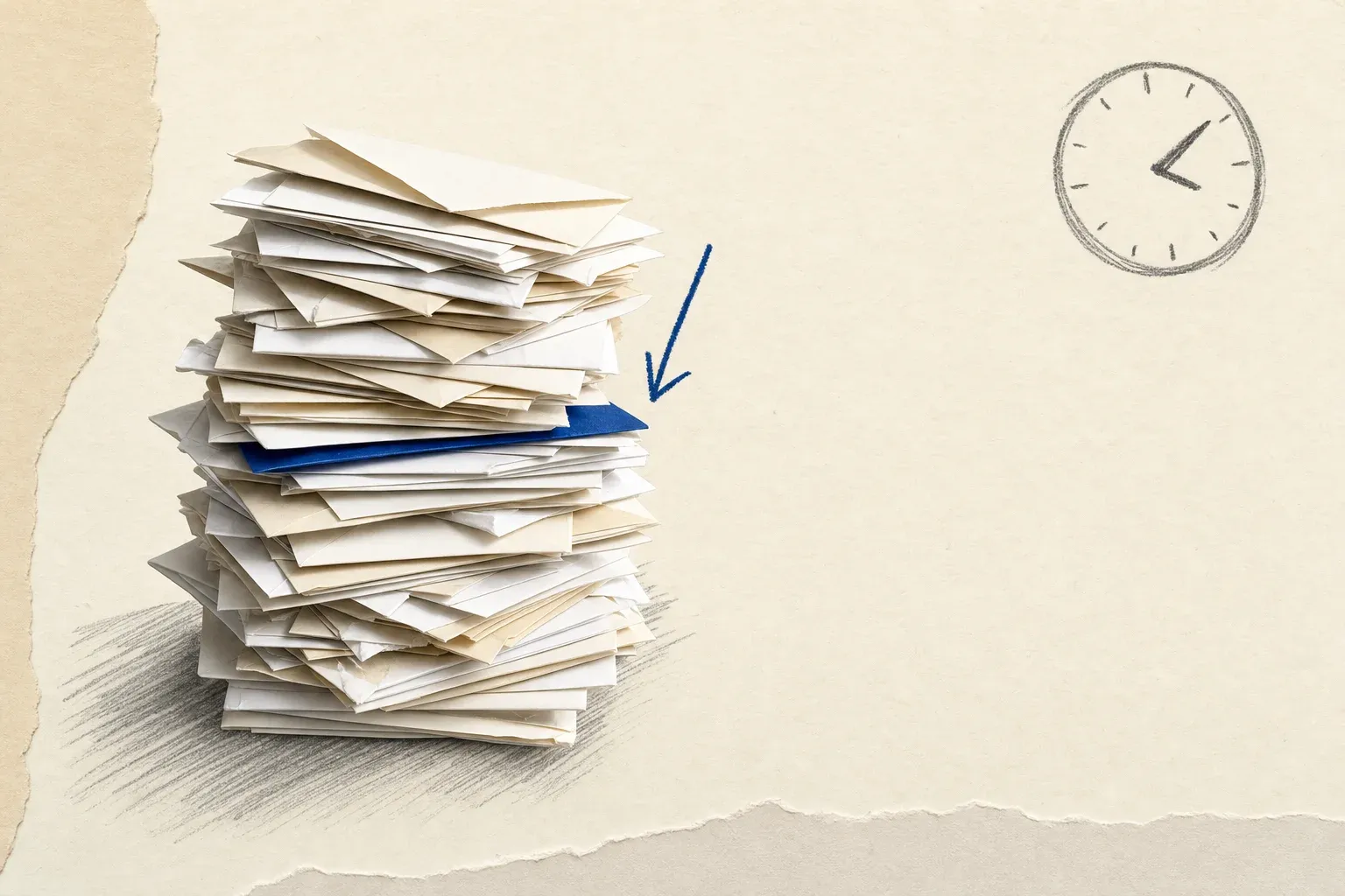 A single blue envelope buried deep in a tall stack of plain envelopes beside a hand-drawn clock
