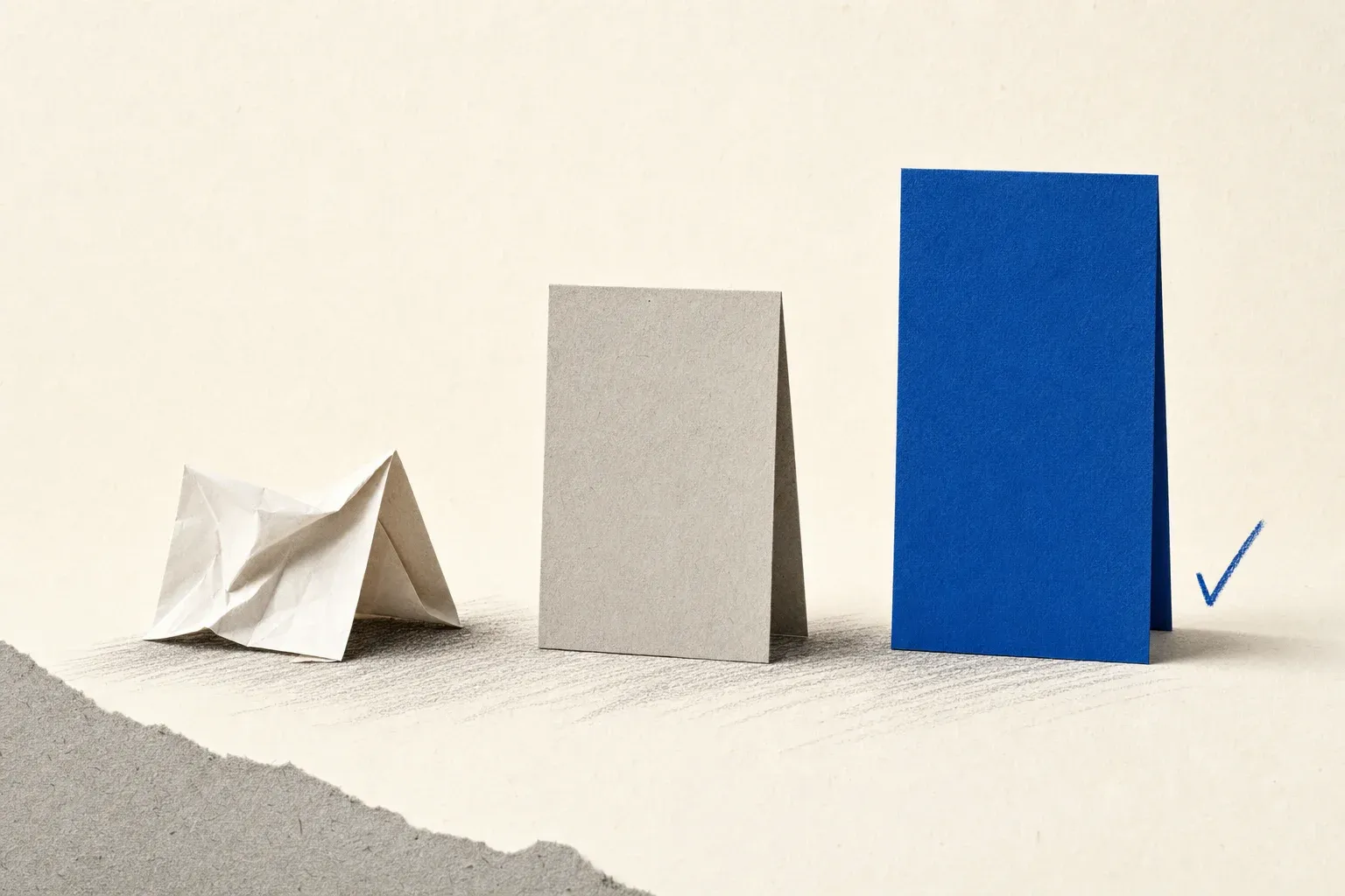 Three paper cards of increasing sturdiness, the tallest in brand blue with a hand-drawn checkmark
