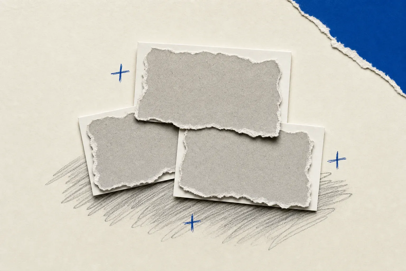 Three product listings covered by torn grey paper patches, standing in for sold-out items across retailers