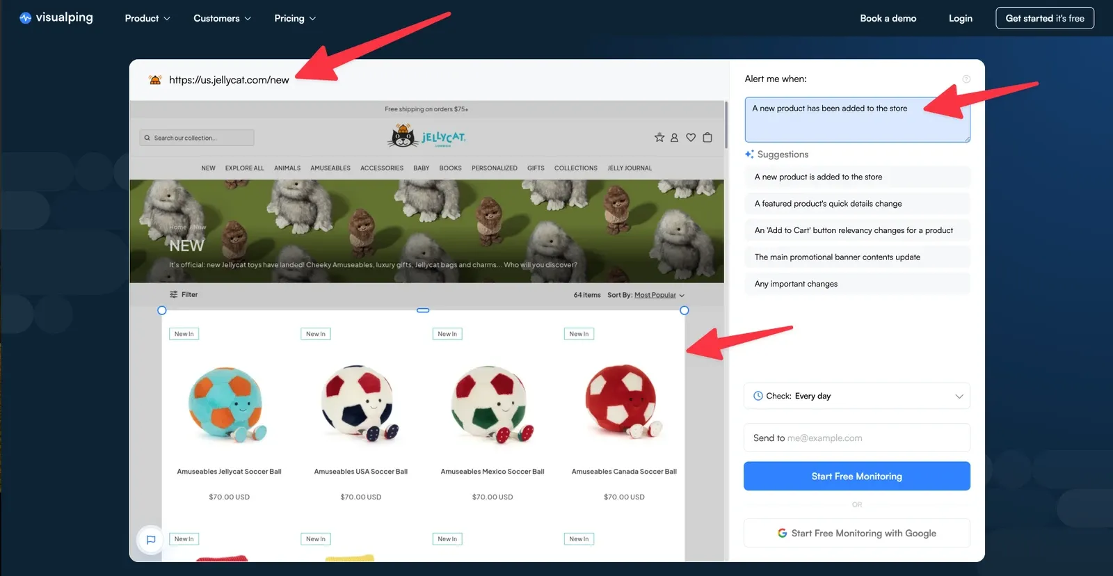 Visualping editor monitoring the Jellycat New In page with the product grid selected