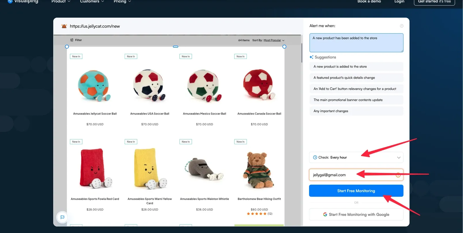 Setting the alert rule and check frequency for Jellycat restock alerts in Visualping