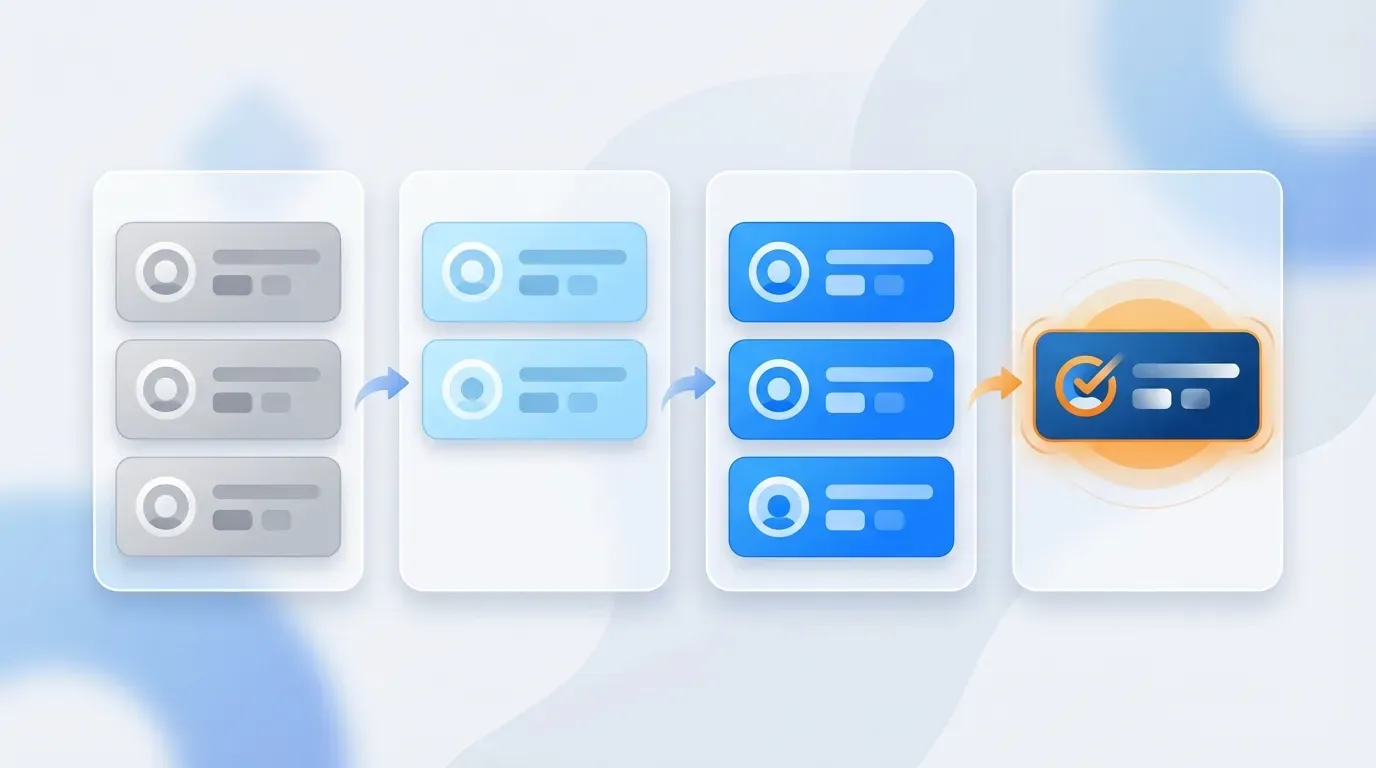 Visual kanban board with candidate cards flowing through four hiring pipeline stages
