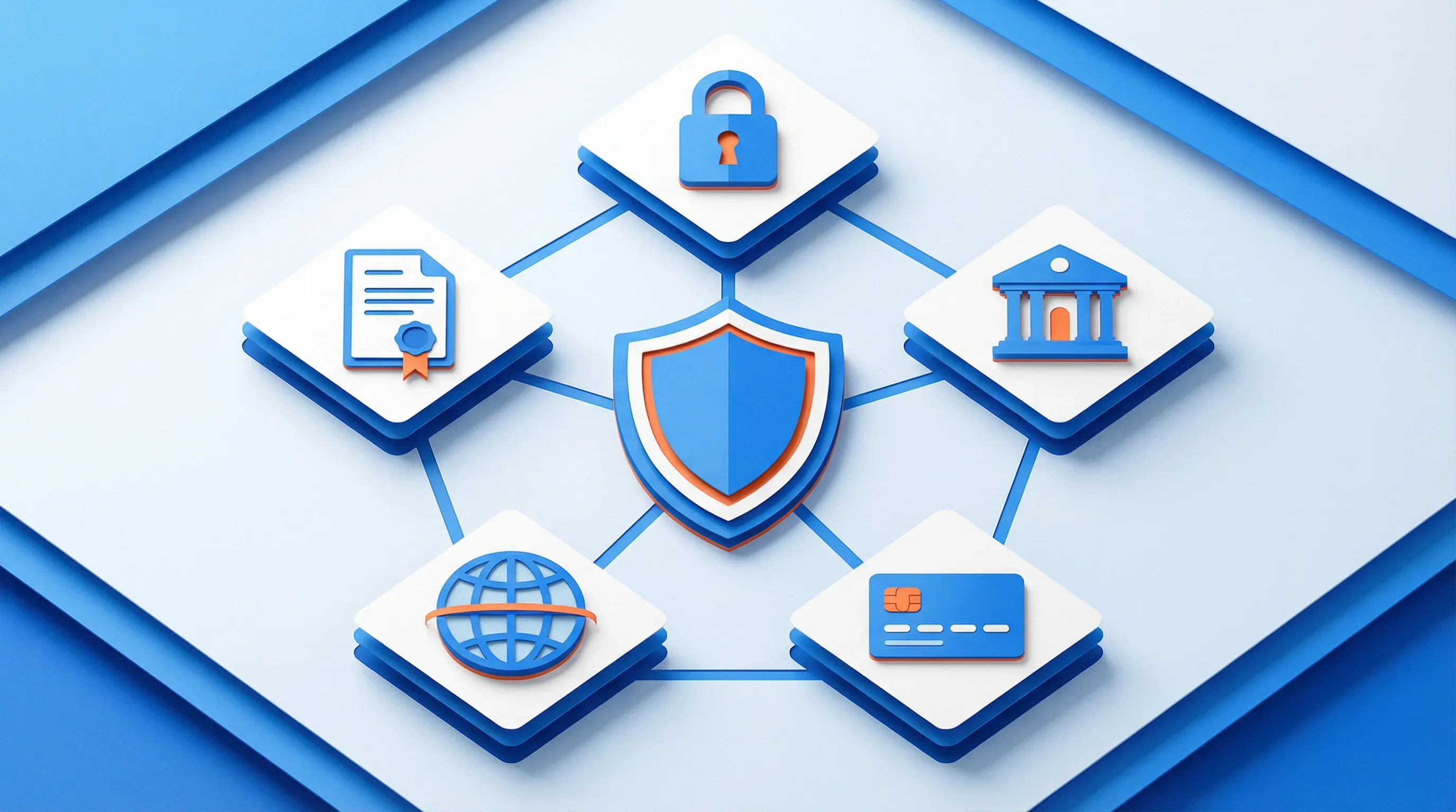 Five major financial compliance regulation icons arranged around a central compliance shield