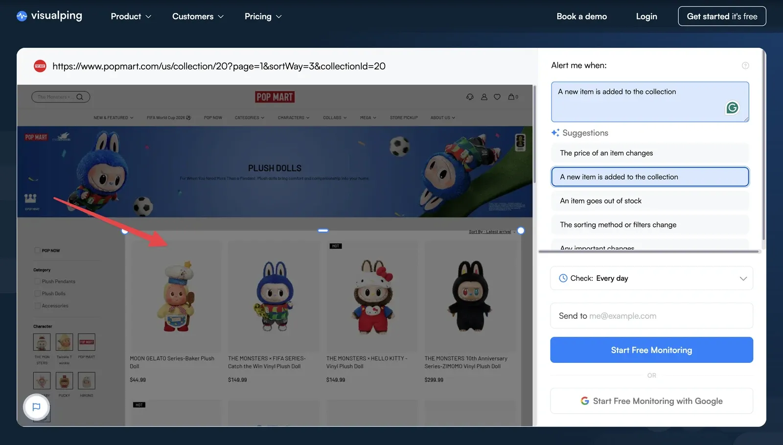 Visualping editor monitoring a Pop Mart Labubu collection page with the product grid selected