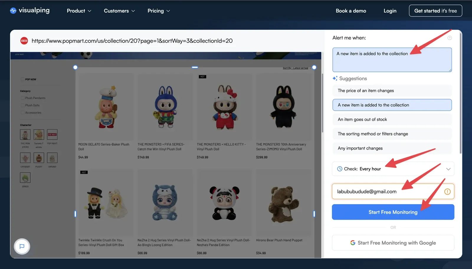 Setting the alert rule and check frequency for Labubu restock alerts in Visualping