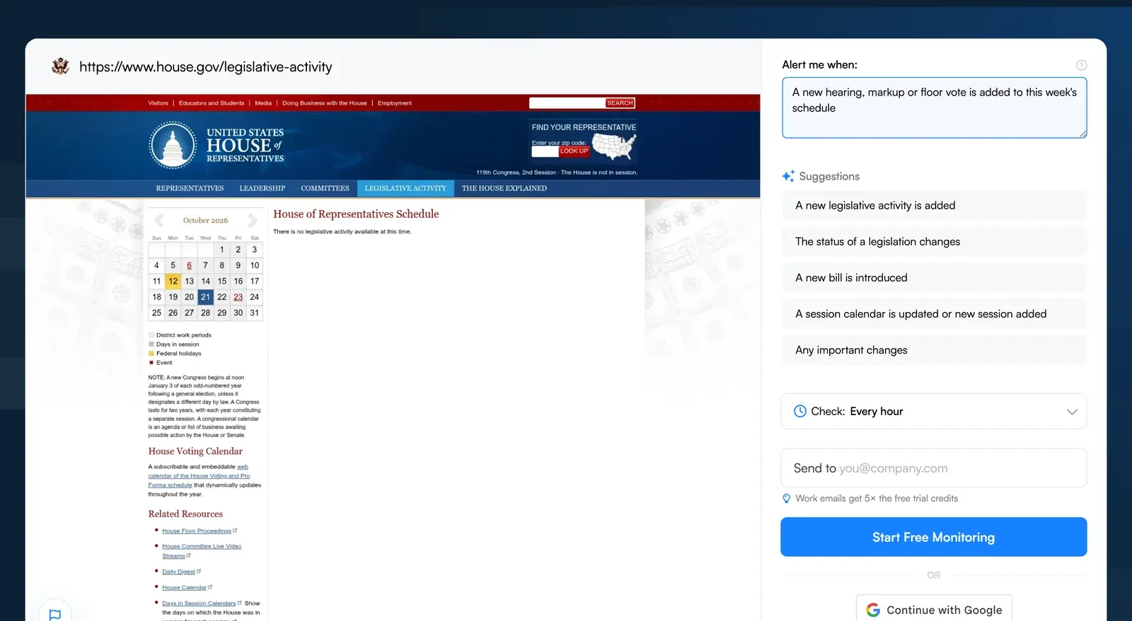 Visualping monitor setup for the U.S. House legislative activity page with an Alert me when condition for new hearings and floor votes