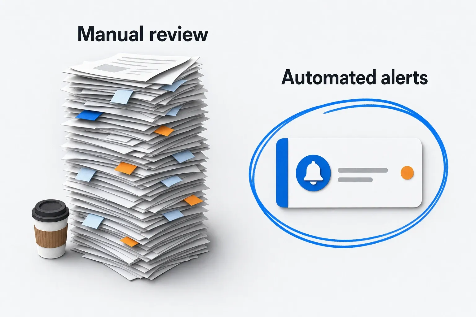 Manual SEC filing review stack contrasted with a single automated alert card