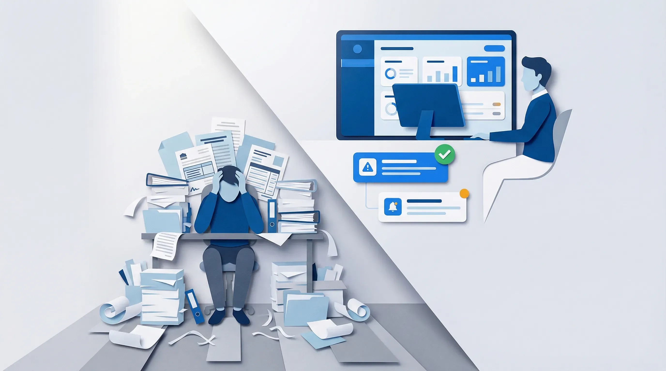 Split comparison of manual document review versus automated compliance dashboard