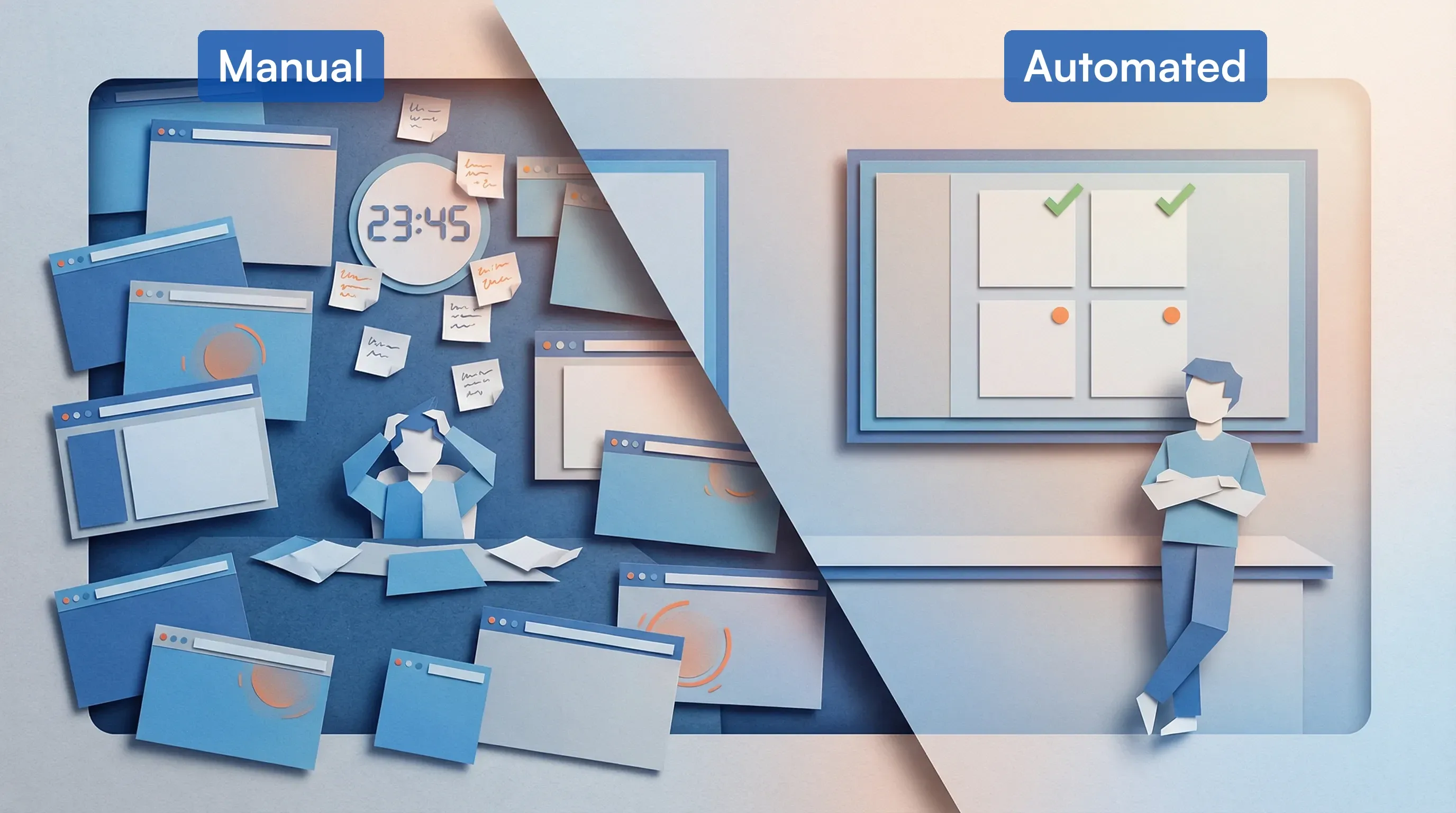 Split comparison labeled Manual versus Automated showing cluttered browser checks versus clean monitoring dashboard