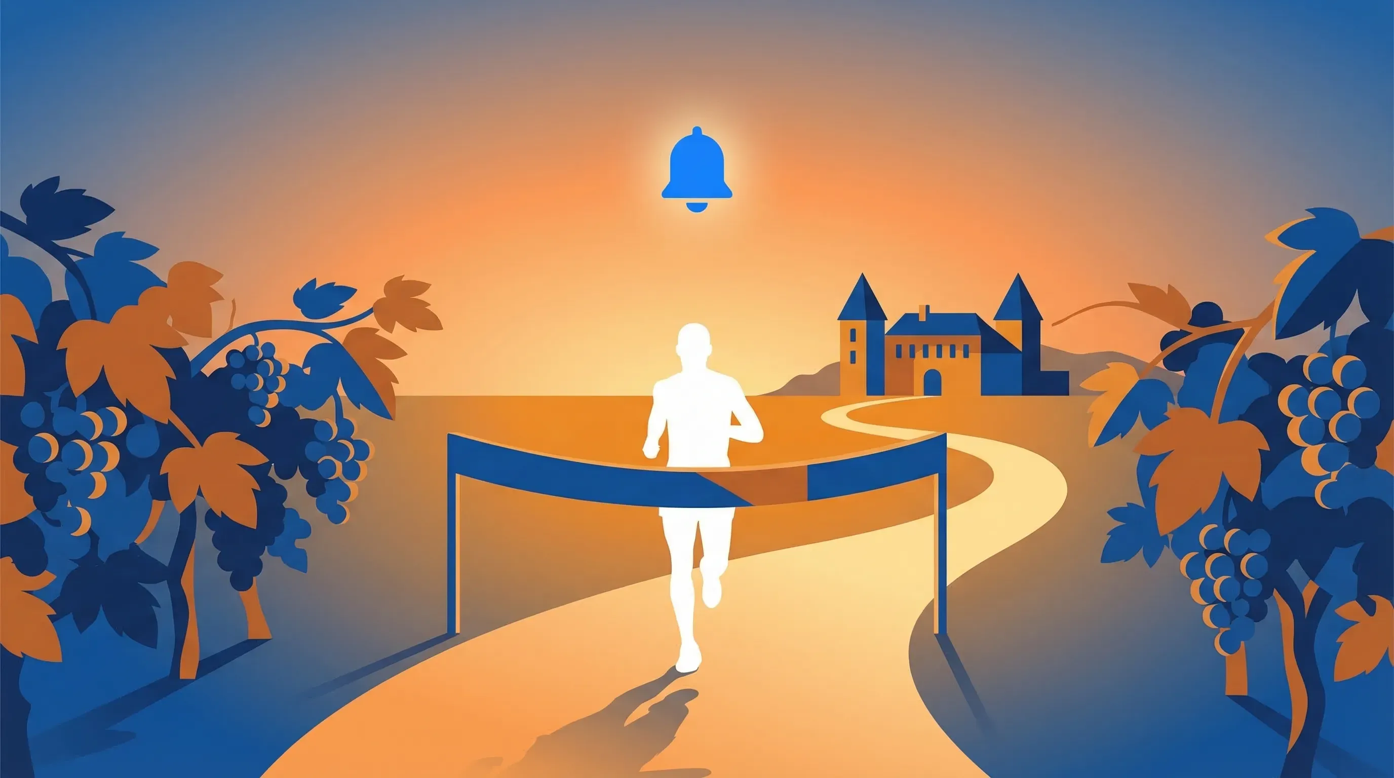 Lone runner approaching vineyard finish line with a glowing alert notification above