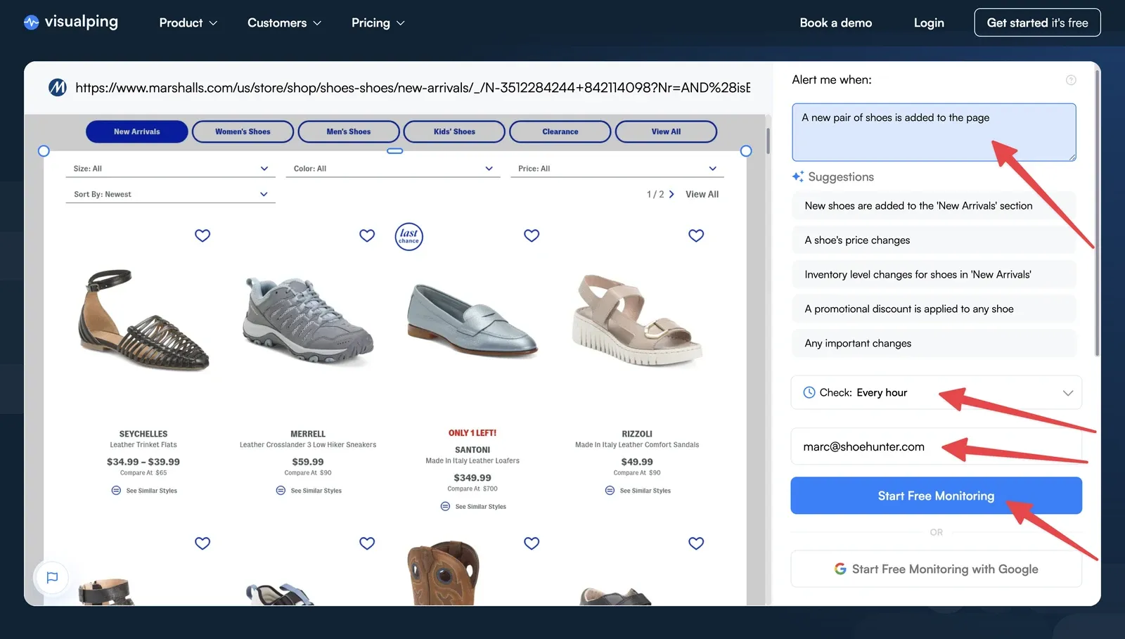 Setting the alert rule and hourly check frequency for Marshalls restock alerts in Visualping