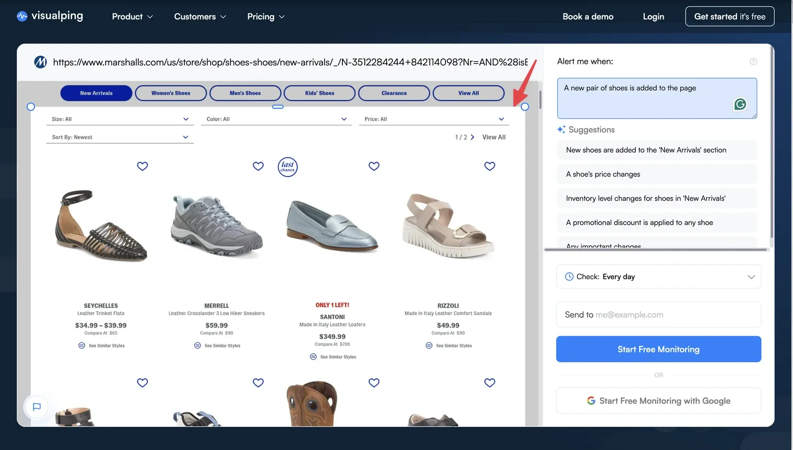 Visualping editor monitoring a Marshalls shoes New Arrivals page with the product grid selected