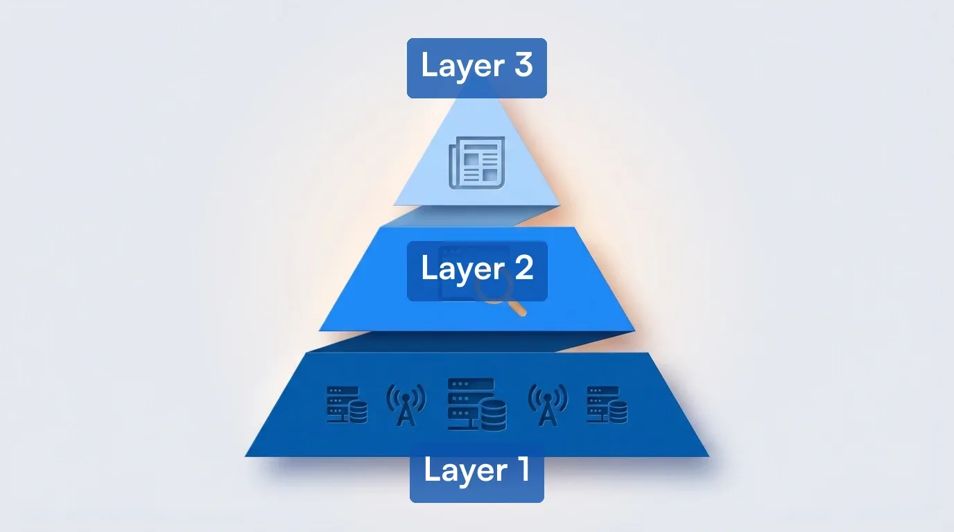 Three-layer monitoring pyramid with structured feeds, web monitoring, and curated news