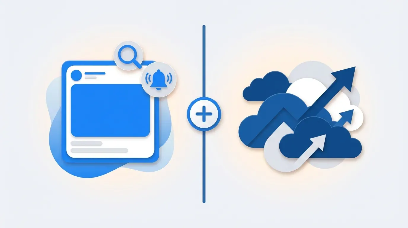 Split screen comparing reactive page monitoring with strategic social listening analysis