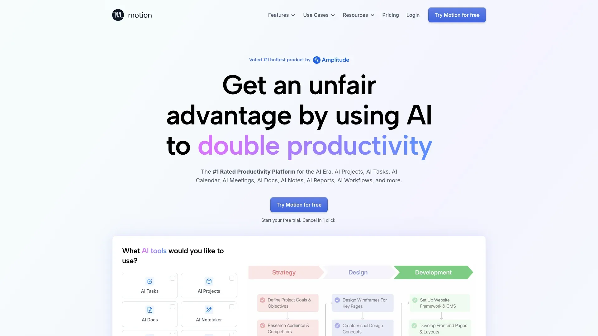 Motion homepage showing AI calendar auto-scheduling around meetings