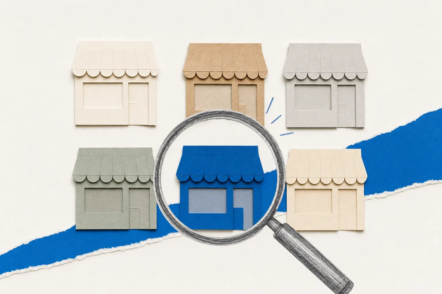 Paper collage of six retailer storefronts under a hand-drawn magnifying glass