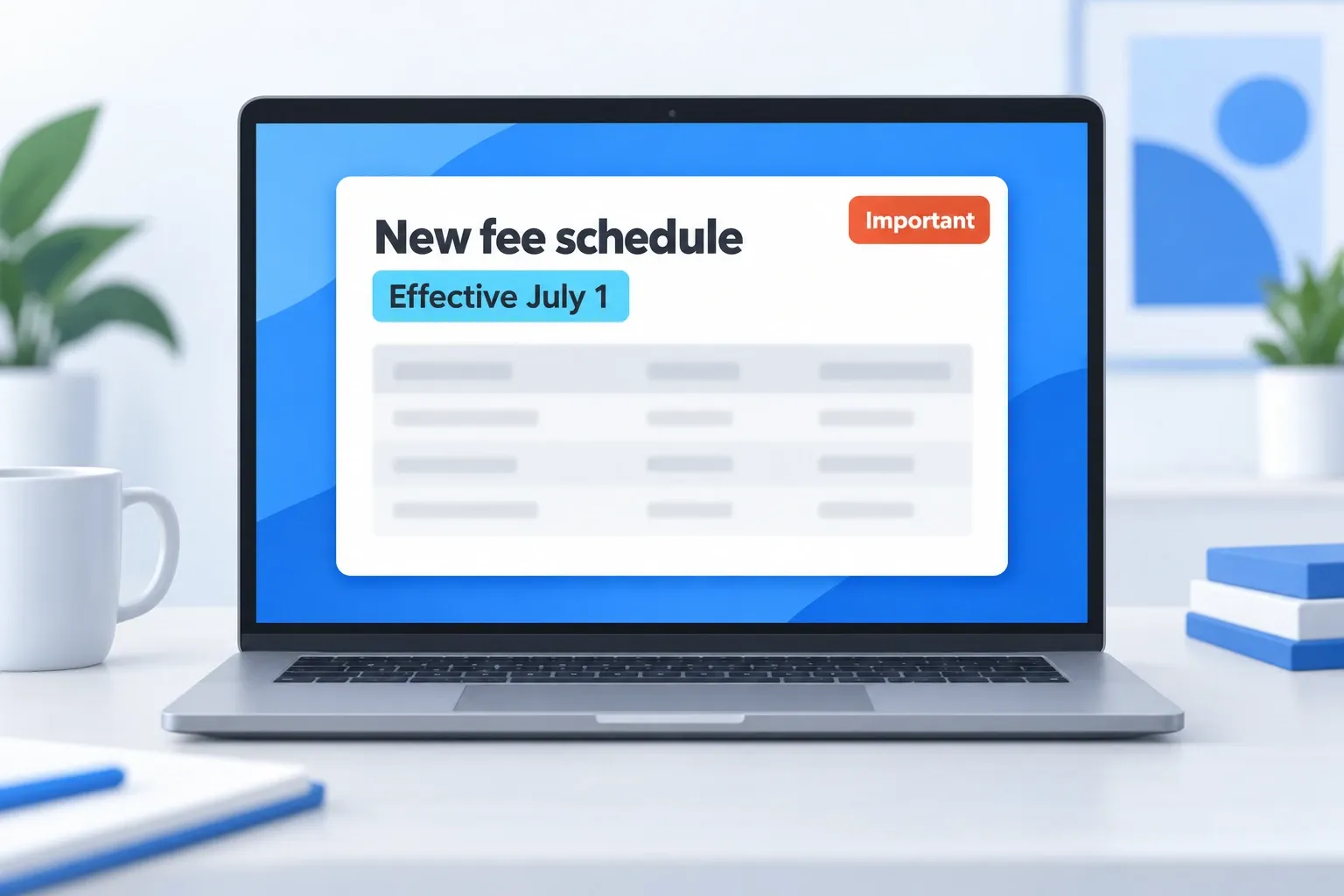 Email alert card announcing a new medical record fee schedule effective July 1, flagged Important