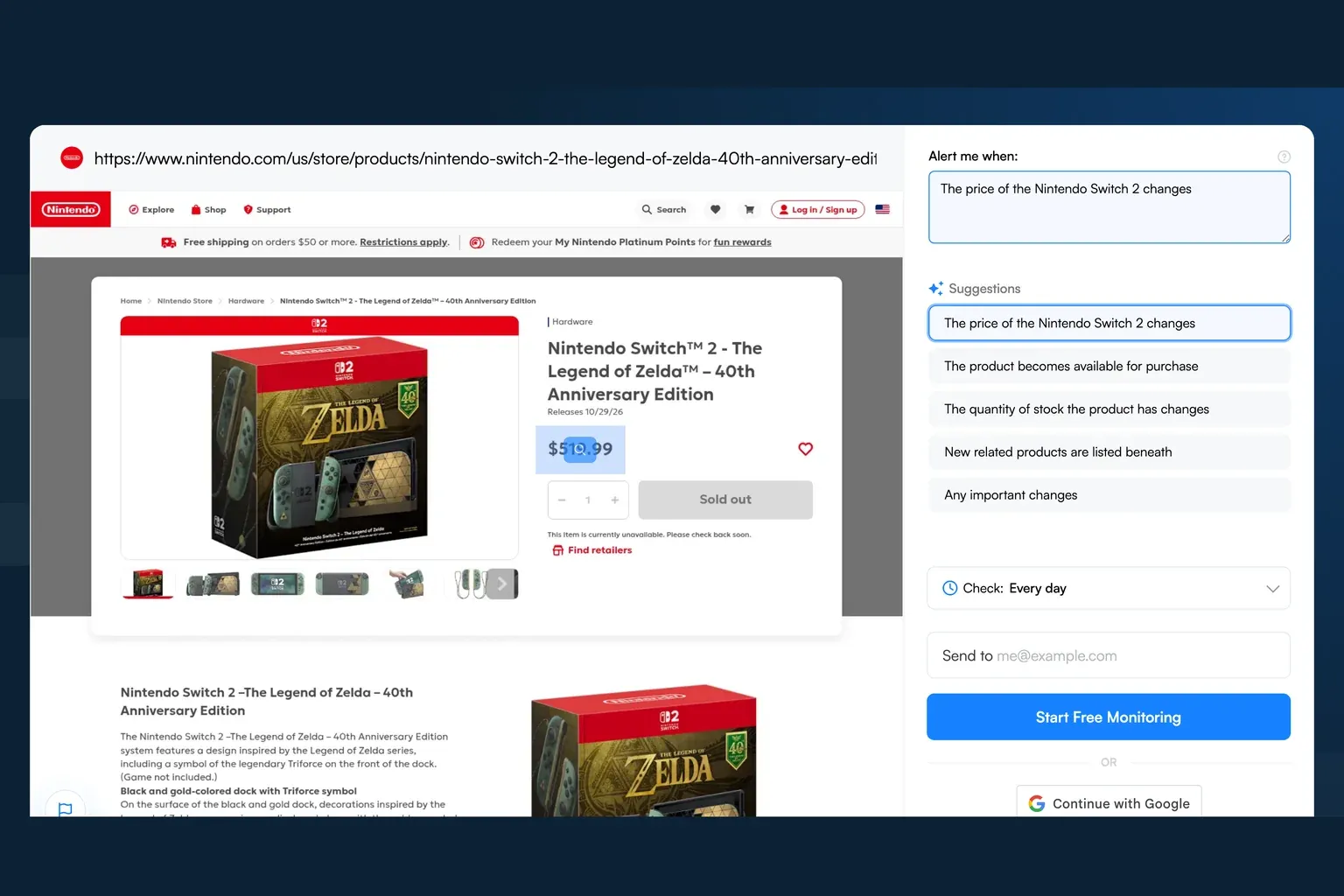 Visualping monitoring the Nintendo Switch 2 Legend of Zelda 40th Anniversary Edition store page for price and stock changes