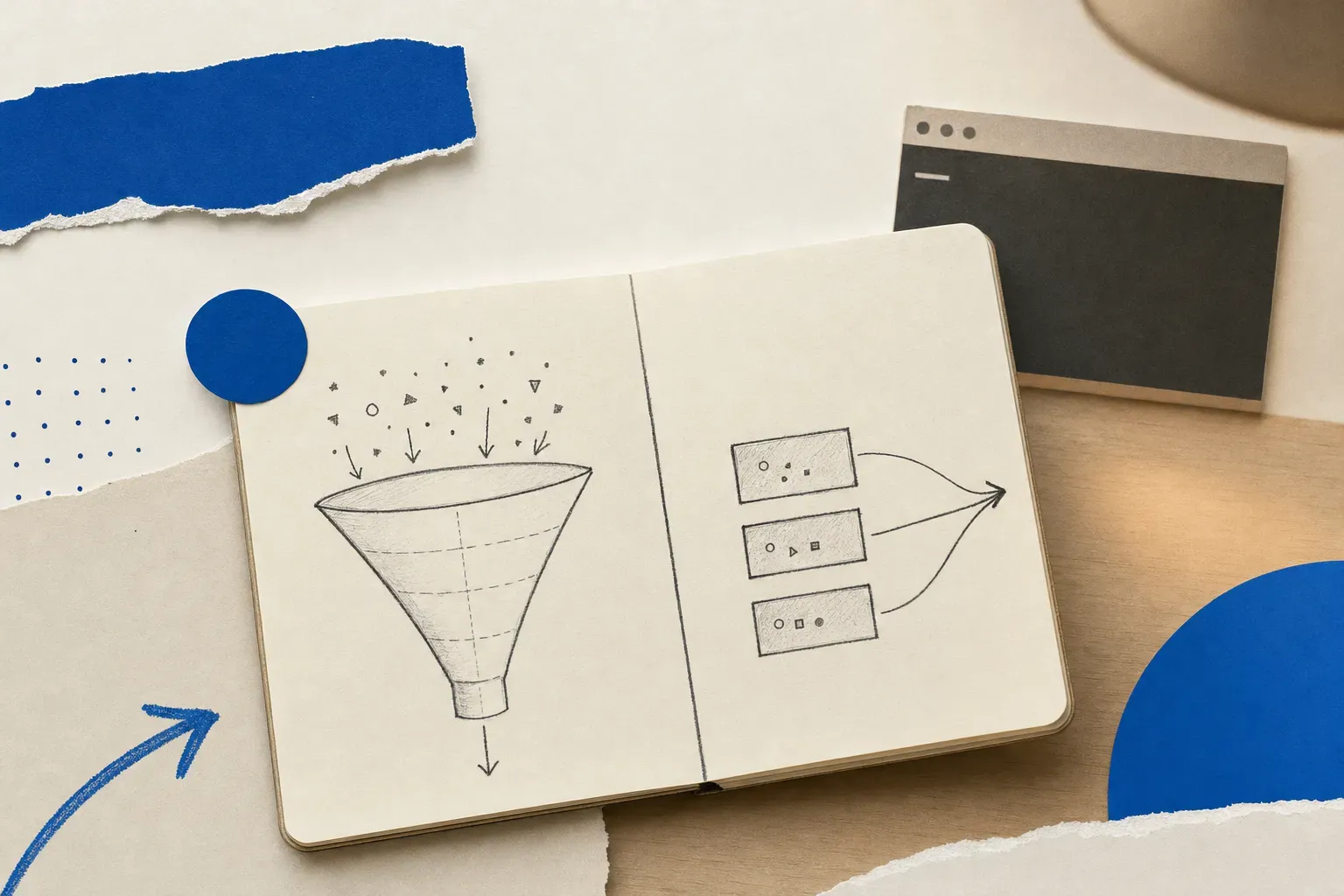 Editorial closeup of a slim notebook on a desk opened to a hand-drawn two-column diagram with a small terminal window in the background under warm desk-lamp light