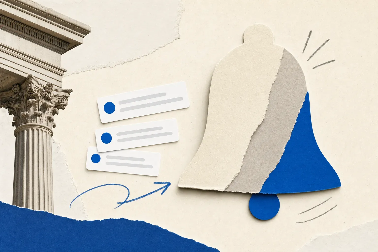 Layered paper bell with three notification cards representing the three kinds of SAM.gov alerts