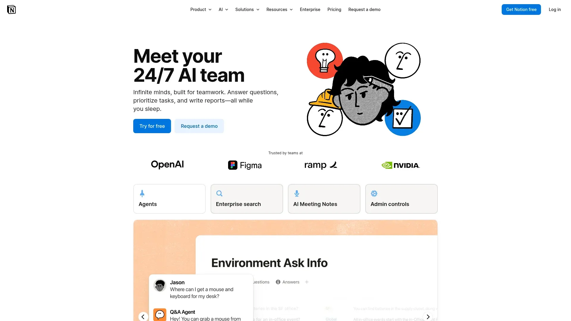 Notion AI product page showing workspace summaries and AI assistant features
