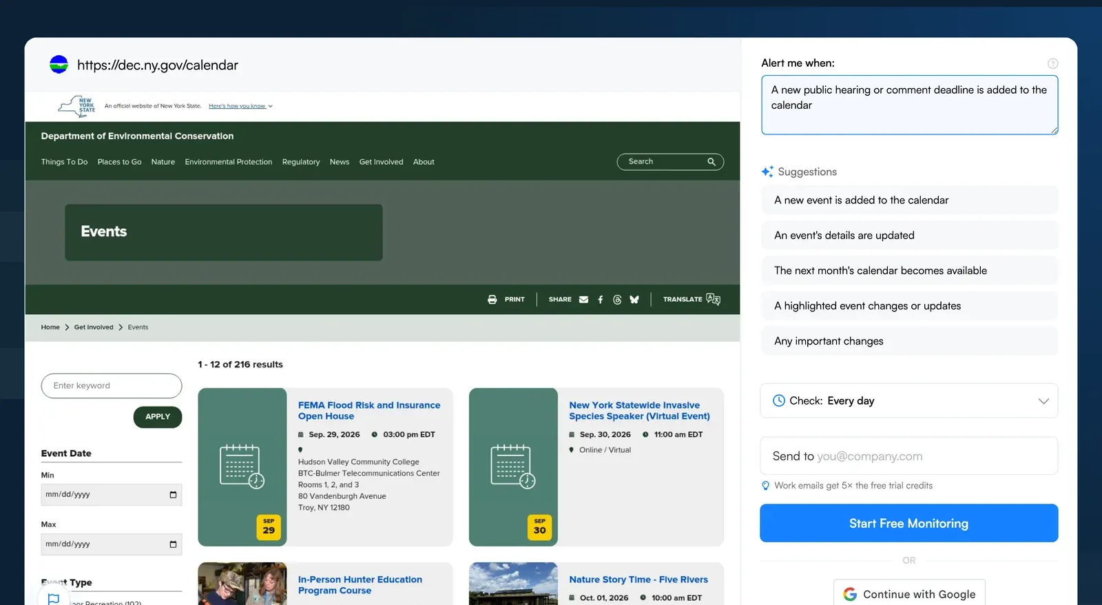 Visualping job creator with the NY DEC events calendar loaded and an alert condition for new public hearings