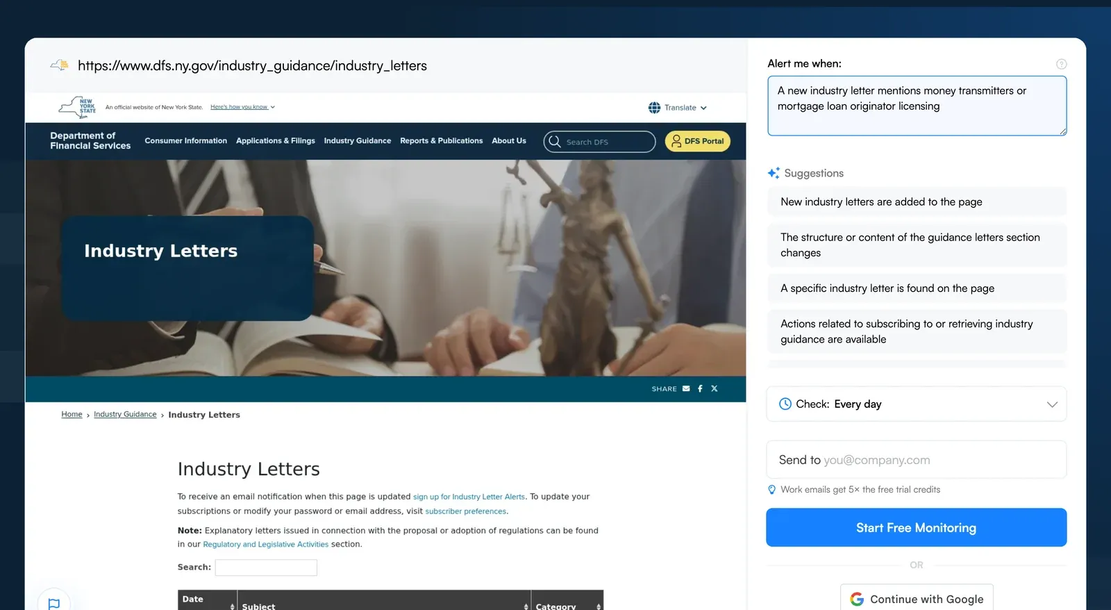 Visualping job creator with the NY DFS industry letters page and an alert condition for money transmitter or mortgage loan originator licensing letters
