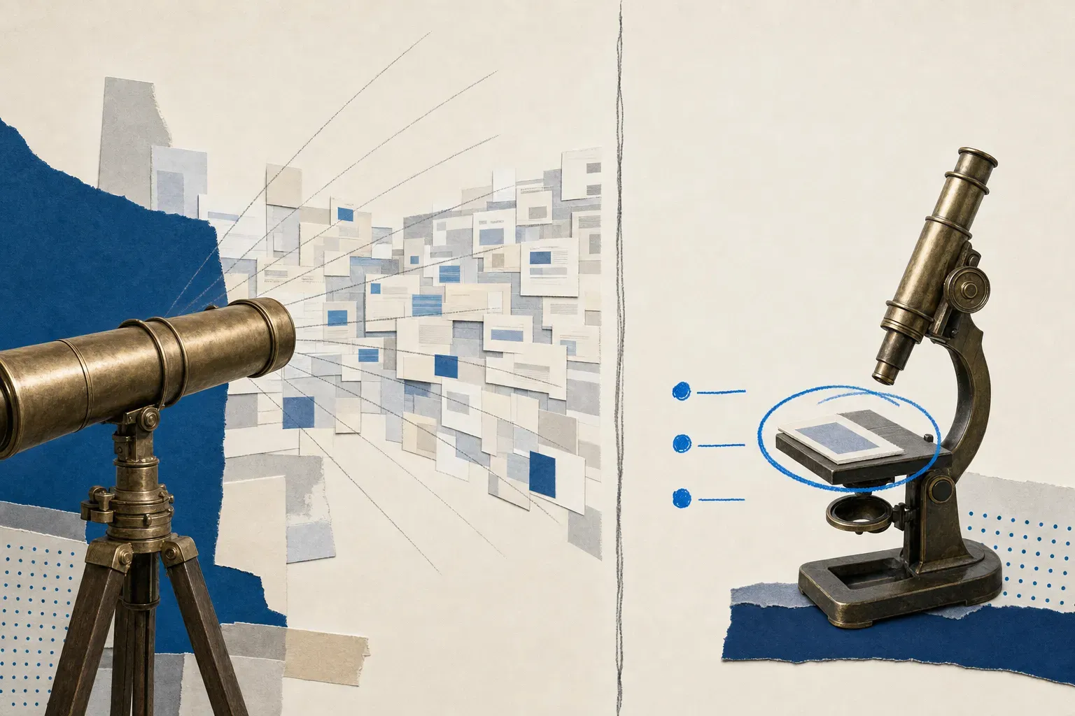 Editorial collage showing a wide vintage telescope scanning a horizon of paper web cards alongside a slim microscope examining a single timestamped paper card