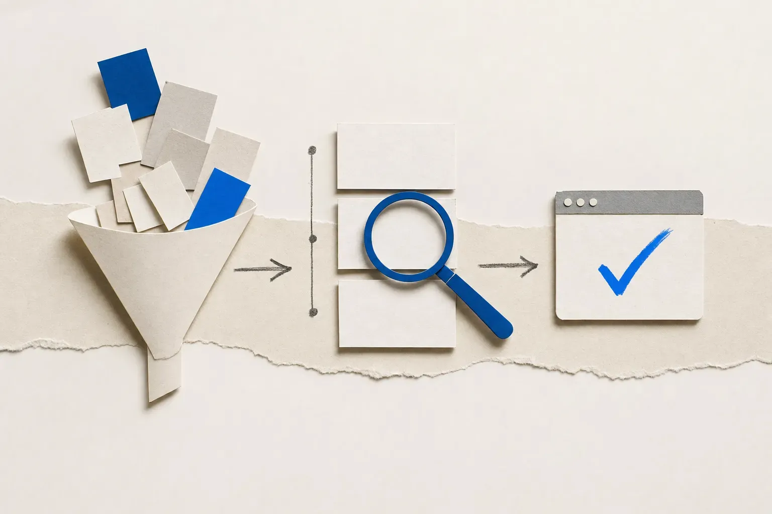 Editorial collage of a three-stage workflow: a paper-cut funnel for discovery, a stack of three timestamped paper cards under a magnifying lens for precision, and a small terminal window with a checkmark for action
