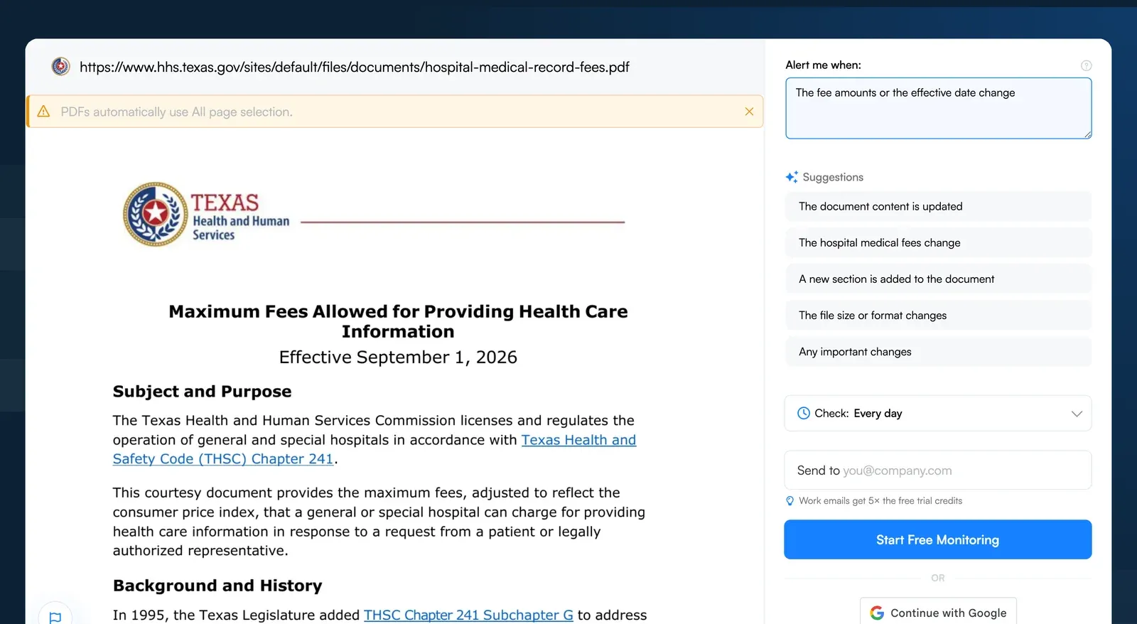 Visualping job creator with a Texas hospital medical records fee schedule PDF and an alert condition for fee changes