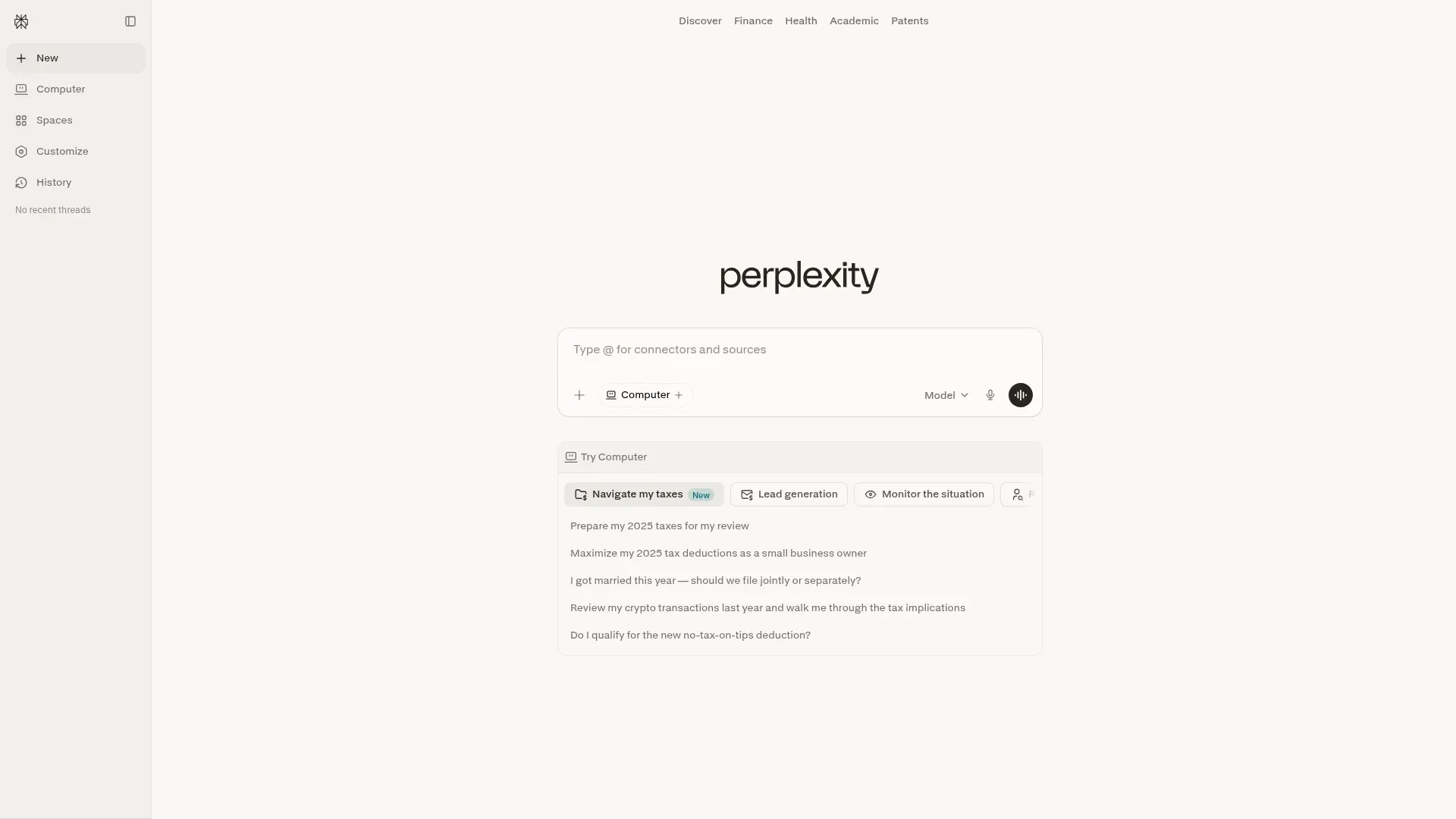 Perplexity AI homepage showing cited search answers with source links