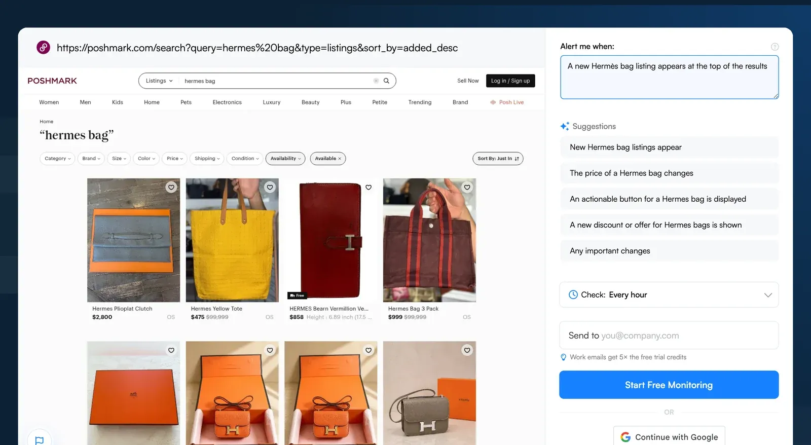 Visualping monitor setup on a Poshmark Hermes bag search sorted by Just In, with an Alert me when condition for new listings