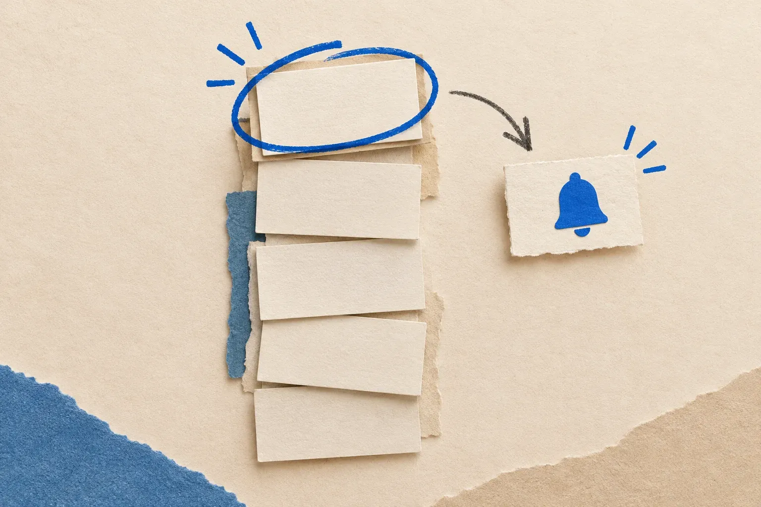 Press release monitoring concept: new release card circled in blue with a bell alert