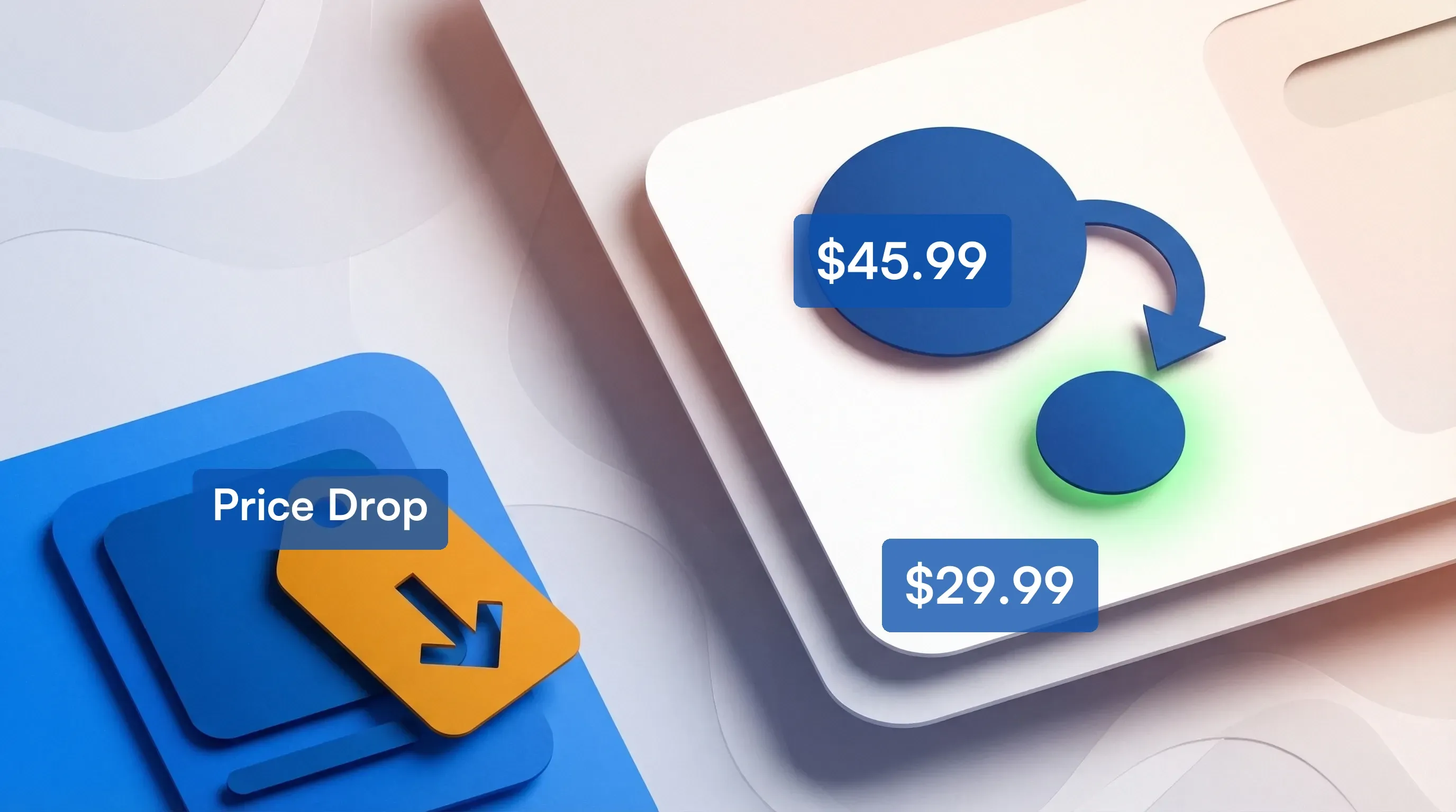 Price tag with downward arrow next to an email notification showing a price change