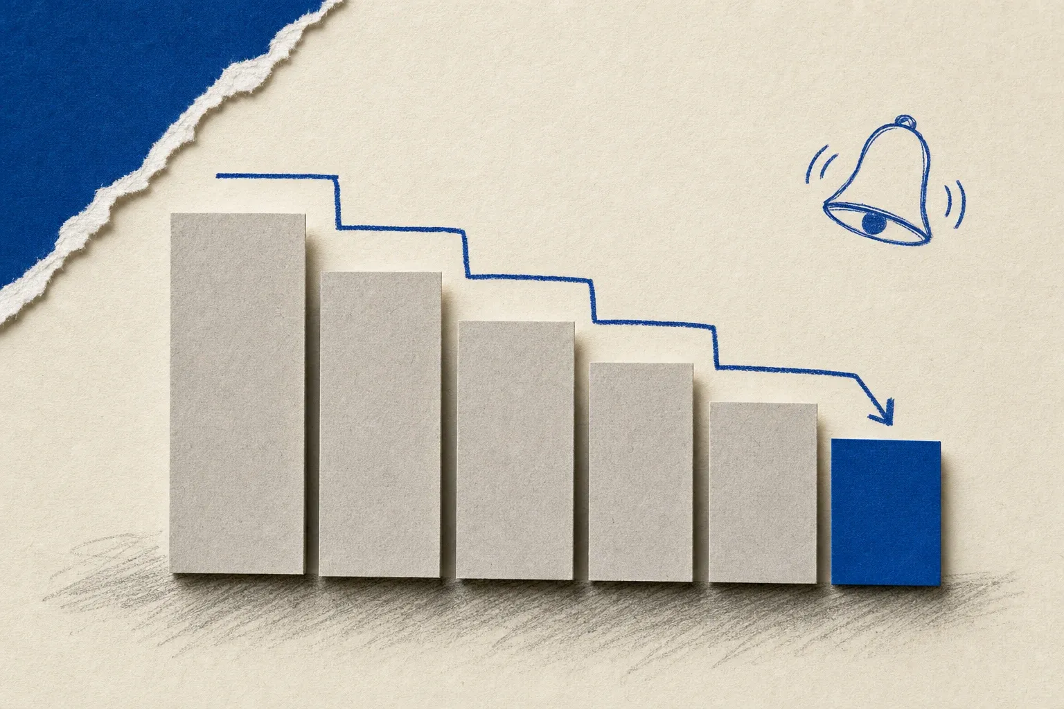 Six paper cards descending like a falling bar chart with a blue ink line stepping down to the lowest card and an alert bell ringing