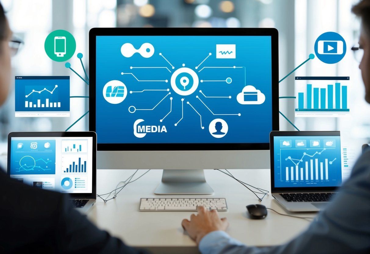 A computer screen surrounded by various media logos, with lines connecting to a central hub. Graphs and charts display data