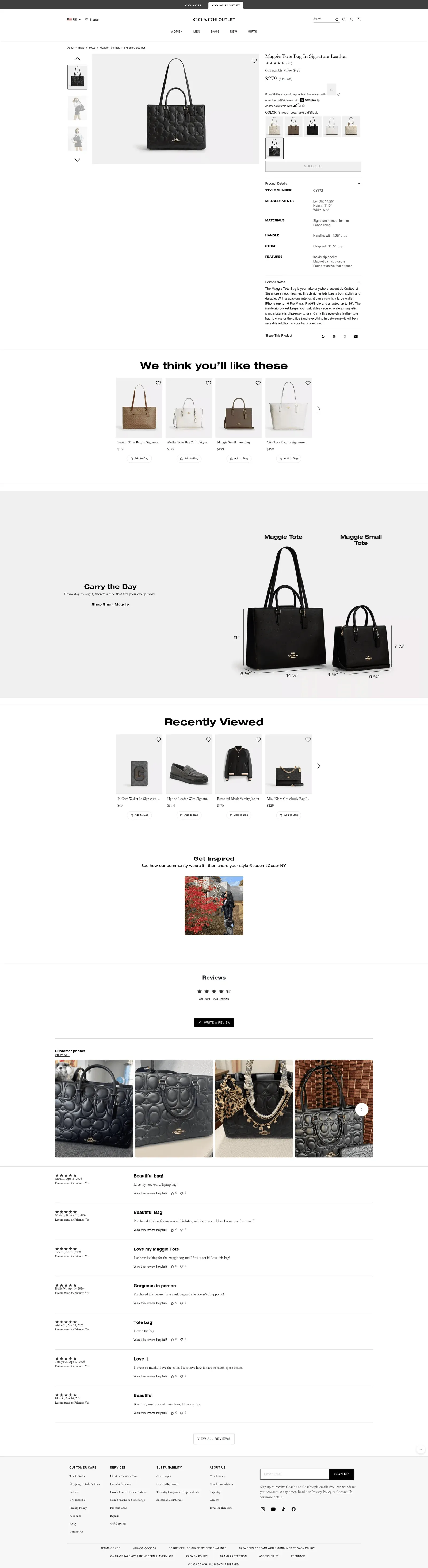 Coach Outlet product page showing the SOLD OUT notice on the Maggie Tote