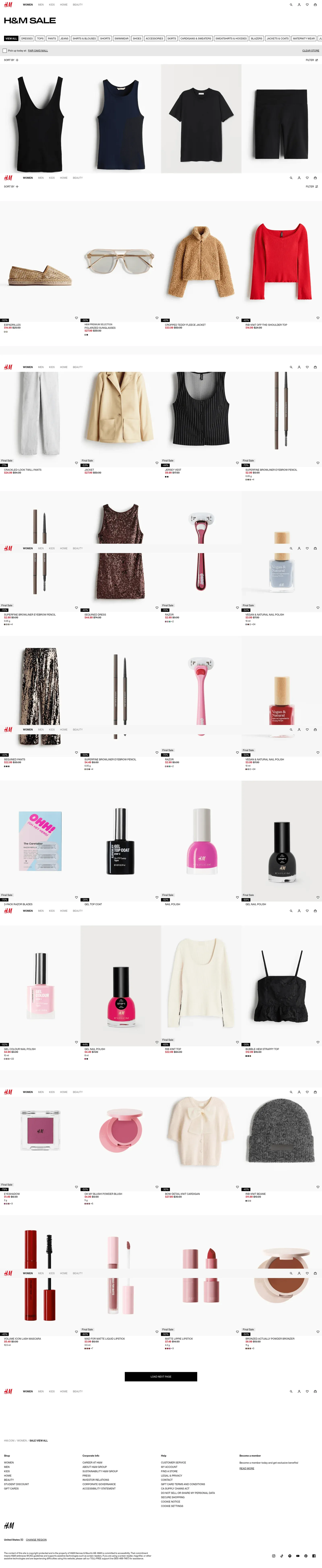 H&M sale page showing product listings with availability states